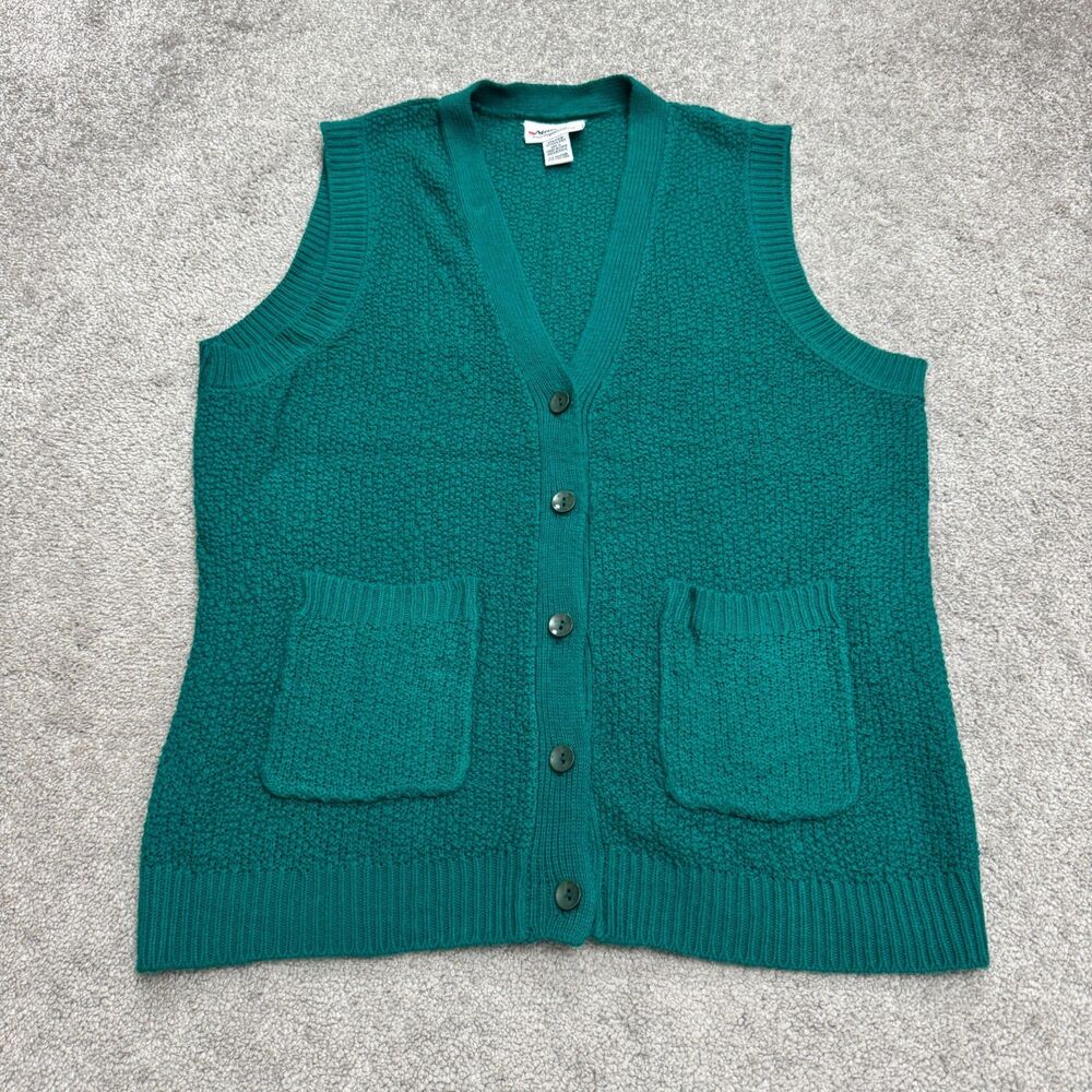 National Crochet Sweater Vest Women Large Green Acrylic Button Front V-Neck Knit